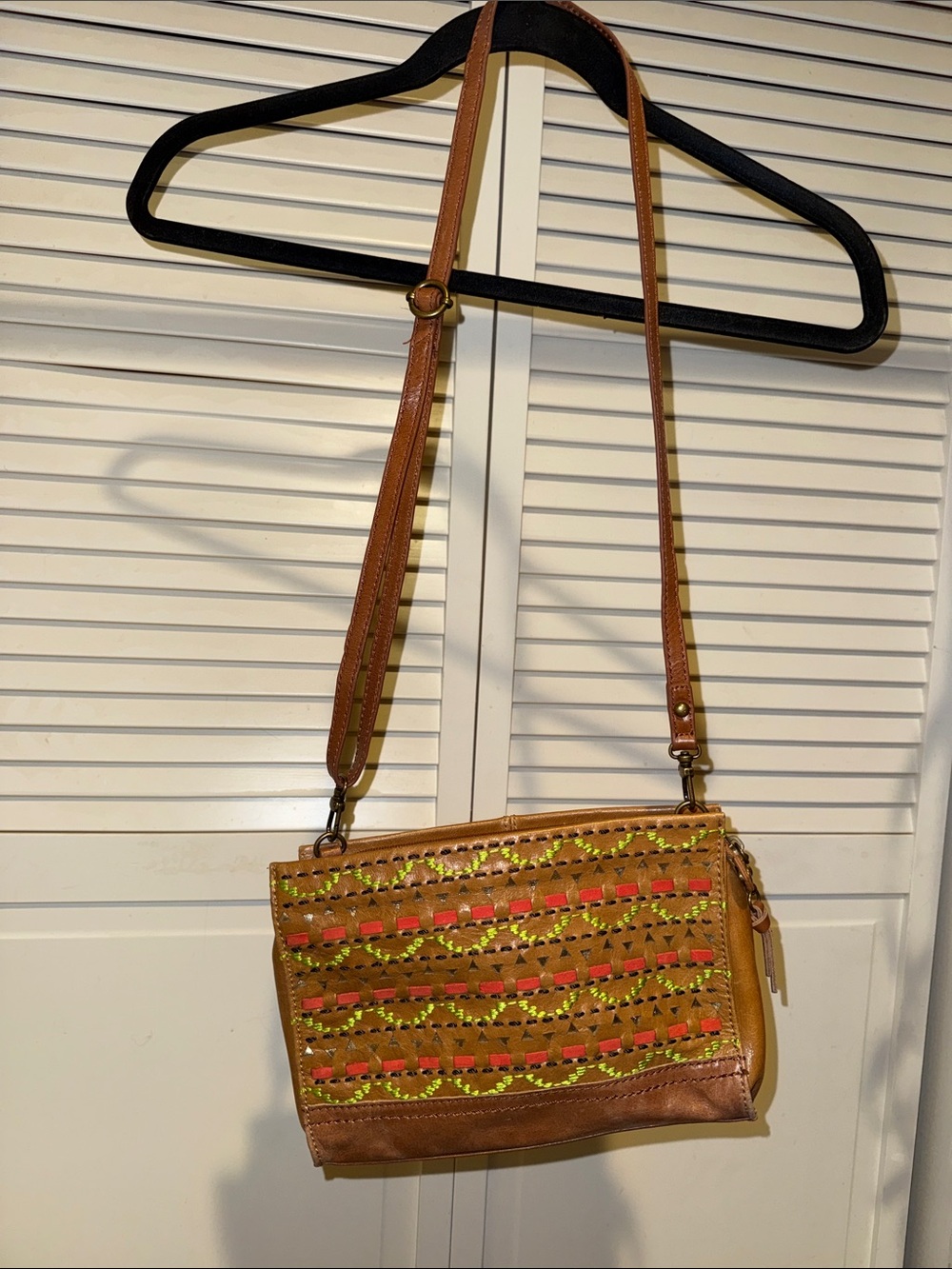 Brown Leather Crossbody Bag with Neon Stitching